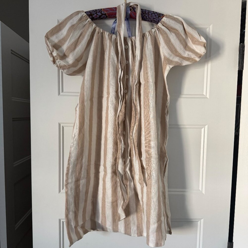 FAITHFULL NEUTRAL STRIPED LINEN DRESS WITH REMOVABLE TIE